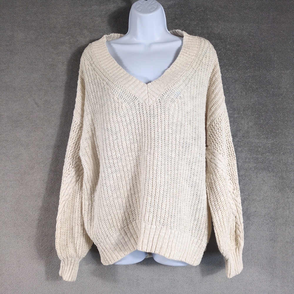 American Eagle Womens‎ Cream Chunky Cotton V-Neck Cable Knit Sweater Size M
